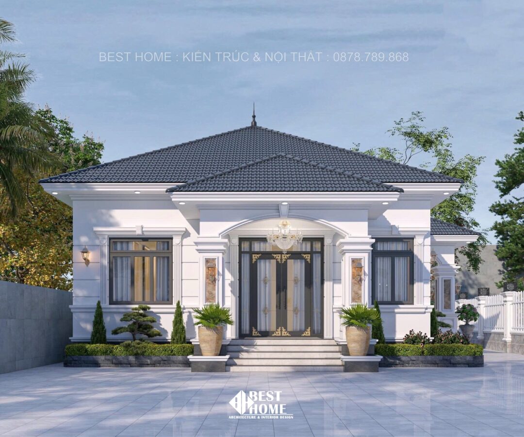 Thiết kế kiến trúc biệt thự 1 tầng mái Nhật phong cách tân cổ điển | Mặt tiền 11x14m